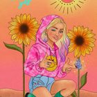 Text: "17. It's a yes". Eine Illustration zeigt eine kniende Person in rosa Kapuzenpulli, mit Sonnenblumen und Sonne im Hintergrund.