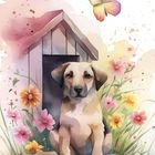 Nummer 18, Wort "DOG"; Illustration: Ein Hund sitzt vor einer Hütte, Schmetterling und bunte Blumen drumherum.