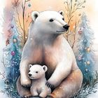 Text: "15" in einem Ornament oben links, "BEAR" unten. Illustration: Eisbär mit Jungem, winterliche Landschaft.