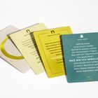 Vier Karten mit Texten: 1. "Innerer Frieden: Stell dir heute die elementaren Fragen..." 2. "Raus aus der Angst..." Enthaltene Farben: beige, gelb, türkis.