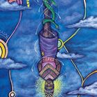 12 DER GEHÄNGTE. Eine Figur kopfüber in der Mitte, mit hellen Mustern um den Kopf. Farbe: Blau mit Wolken und Linien.