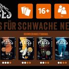 "Crime Places", "Nichts für schwache Nerven!", "Schwierigkeitsgrad". Illustrationen von Kartenspielen in verschiedenen Farben.