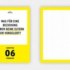 Links steht: "Was für eine Beziehung haben deine Eltern dir vorgelebt?" und "Samstag, 06 Februar". Rechts ist ein gepunktetes Muster.