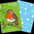 "Überwintern bei uns", "ROTKEHLCHEN", Zahl 1. Ein Rotkehlchen auf einem Ast mit Noten. Rückseite: blau mit Mustern.