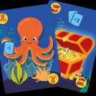 Karte mit Krake hält "-1"; Schatztruhe mit Juwelen zeigt "+2". Verspielte, bunte Illustration auf blauem Hintergrund.