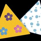 Eine Illustration mit zwei Dreiecken: eins gelb mit Blumen, das andere weiß mit blauen Punkten.