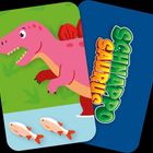 Text: "SCHNAPPO SAURUS". Illustration eines rosa Dinosauriers, zwei kleine Fische darunter.