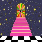 Text: "YOU'RE ALIGNED - DU BIST AUF DEM RICHTIGEN WEG." Eine bunte Tür am Ende einer pinken Treppe vor einem Sternenhimmel.