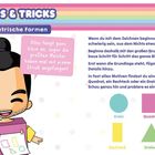 Tipps & Tricks: Geometrische Formen. Illustration eines zwinkernden Kindes mit geometrischen Formen und Texten.