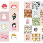 Kawaii-Illustration mit Herzen, Sushi, Tieren und Mädchen in verschiedenen Stilen und Farbfeldern.