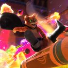 Eine fröhliche Katze mit Stiefeln reitet auf einer fliegenden Rakete, umgeben von bunten Funken und Explosionen.