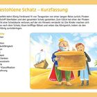 Text: Der gestohlene Schatz – Kurzfassung. Illustration: König mit Krone und Kind betrachten Schatzkarte am Strand.