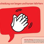 Text: Unterscheidung von langen und kurzen Wörtern. Illustration von Händen, die klatschen in einer roten Sprechblase.