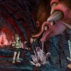 Keine Texte. Illustration: Eine Figur mit Speer steht in einer Höhle aus Kristallen einem riesigen, stacheligen Wesen gegenüber.