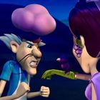 Ein älterer Mann mit rosa Mütze spricht wütend mit einer Frau. Ein kleiner violetter Vogel sitzt auf ihrem Handschuh.