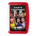 „DARTS LEGENDEN“ und „TOP TRUMPS COLLECTABLES“ sind auf einer Schachtel mit Fotos von Dartspielern vor einer Dartscheibe.