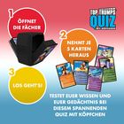 Texte:  
"Öffnet die Fächer", "Nehmt je 5 Karten heraus", "Los geht's!", "Testet euer Wissen...Quiz mit Köpfchen".  
Top Trump-Karten staplen sich neben einem schwarzen Kartenhalter.