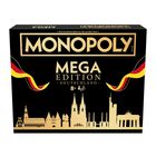 MONOPOLY Mega Edition Deutschland. Silhouette deutscher Wahrzeichen und Deutschlandflaggen. Silberne und goldene Farben.