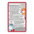 Spielregeln: Anweisungen für ein Kartenspiel. Illustration mit zwei Cartoon-Figuren, die Karten halten.