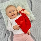Ein lächelndes Baby liegt auf einem Kissen mit einem Plüschtier und einer roten Decke in der Hand.