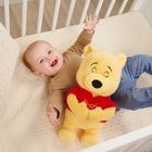 Ein fröhliches Baby liegt in einem Kinderbett und umarmt ein gelbes Stofftier im roten Shirt.