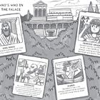 "WHO'S WHO IN THE PALACE", Karten von König Minos, Prinzessin Ariadne, Daedalus und Icarus vor einem Palasthintergrund.