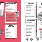 Texte: "PERPLEXING PASSIVE MOB", "NASTY NEUTRAL MOBS", "FIERCE FOOD", "IMPROBABLE INGREDIENTS". Illustration mit Minecraft-Thema.