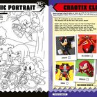 Links: Text "PICNIC PORTRAIT". Schwarz-weiß Illustration von Sonic, Tails und Knuckles beim Picknick.  
Rechts: Text "CHAOTIX CLUES". Farbige Figuren: Shadow, Dr. Eggman, Tails, Omega, Knuckles, Storm.