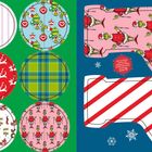 Kreise mit Weihnachtsmotiven, darunter Rentiere, Geschenke, Herzen, "GRINCH". Schneeflocken und Vorlage für Weihnachtsstiefel.