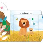 Text: "Here are my teeth, now hear me... roar!" Illustration: Ein Löwenjunges, mit Tieren und Pflanzen umgeben.