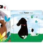 Links steht "Here are my ears", rechts "now hear me... bark!". Hunde und bunte Schmetterlinge sind zu sehen.