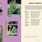 "CREATE A COCKTAIL GARDEN", Pflanzanleitung mit Bildern einer Frau, die einen Pflanzkasten pflegt. Tabellen: Zutatenliste.