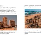"Varosha" über verlassene Gebäude und Strände. Links hohe, verfallene Türme, rechts Strand mit Wellen und Schildkrötennestern.