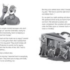 Links zitiert ein Mann einen Trinkspruch. Rechts planen Jugendliche heimlich. Beide Szenen sind schwarz-weiße Illustrationen.