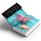 Text: „There is no friend as loyal as a book.“ Buch mit abstrakter, bunter Wolken-Illustration aufgeschlagen.