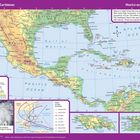 Karte von Mexiko und der Karibik mit Städten, Grenzen, Ozeanen und Hurrikan-Routen. Mexiko achtmal größer als UK.