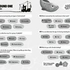 "QUIZ ROUND ONE: WHAT AN ANIMAL! Fragen mit Antworten A-E zu verschiedenen Tierquizfragen, Zeichnung eines Bootes, Fischzeichnung."