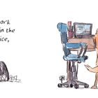 Links steht: "I work hard in the office." Rechts ein Hund an einem Schreibtisch, umgeben von Bürogegenständen.