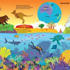 "Oceania: Kleinster, flachster Kontinent, größtes Korallenriff, Great Barrier Reef. Tiere und Landkarte von Australien, Neuseeland."