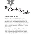 Text: The Cowboy Code. THE TRUE CODE OF THE WEST. Beschreibung von Gesetzen und Prinzipien des Wilden Westens.