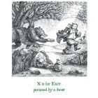 "X is for Exit pursued by a bear". Illustration eines Mannes, der von einem Bären verfolgt wird. Im Hintergrund bewölkt.