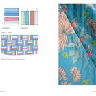 Instruktionen zum Quilten mit Zeichnungen farbiger Stoffstreifen und einem Abschnitt einer blauen Quiltdecke mit Blumenmuster.