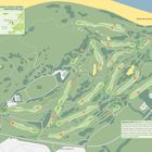 Royal Portrush Golf Club Lageplan mit Löchern, Wegen und Ortspunkten. Enthält Text über das 16. Loch. Nordküste und Strand sichtbar.