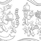 Keine Texte vorhanden. 

Eine Illustration von Köchen und Mäusen, die große Tabletts mit Essen tragen. Schleifen verzieren die Ecken.