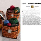 "Chest Storage Baskets", "Finished measurements", "Yarn", "Hook", "Notions", "Gauge", "Abbreviations". Drei Häkelkörbe mit Wolle.