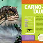 CARNOTAURUS - BULL-HEADED PREDATOR. Illustration eines Dinosauriers mit kurzen Armen und Hörnern, umgeben von Wald.