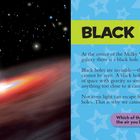 "BLACK HOLES" erklärt schwarze Löcher mit Texten in Kreisen. Links Illustration mit Licht, das zu einem schwarzen Loch gezogen wird.