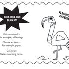 Links: „Pick an animal – for example, a flamingo. Choose an item – for example, paper. Create an Italian-sounding name.”  
Rechts: Illustration eines geometrischen Flamingos mit „FLAMINGINO PAPERINO“.