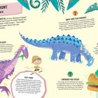 "ON THE HUNT: Happy eaters. Text beschreibt Dinosaurier und deren Ernährung. Illustrationen von verschiedenen Dinosauriern."