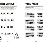 Texte fehlen. Links "MISSING VOWELS", rechts "TORN PAGES". Abbildung zeigt zerrissene Notizen und Wörter ohne Vokale.